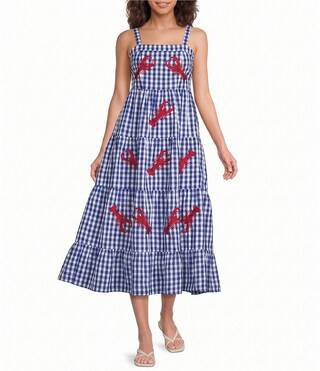 Sugarlips Lobster Embroidered Gingham Print Square Neck Sleeveless Tiered Midi Dress | Dillard's | Dillard's