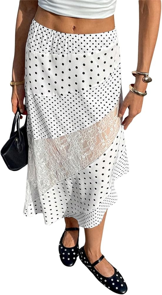 Verdusa Women's Polka Dots Skirt Lace Asymmetrical High Waist Elegant Midi Skirts | Amazon (US)