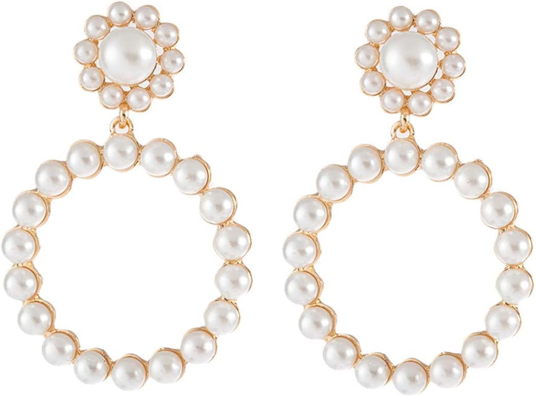 Flower Pearl Hoop Dangle Earrings Elegant Pearl Sunflower Open Circle Rings Drop Earrings for Wom... | Amazon (US)