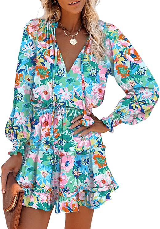 Dokotoo Spring Dresses for Women 2026 Boho Floral Drawstring V Neck Smocked Long Sleeve Ruffle Ti... | Amazon (US)