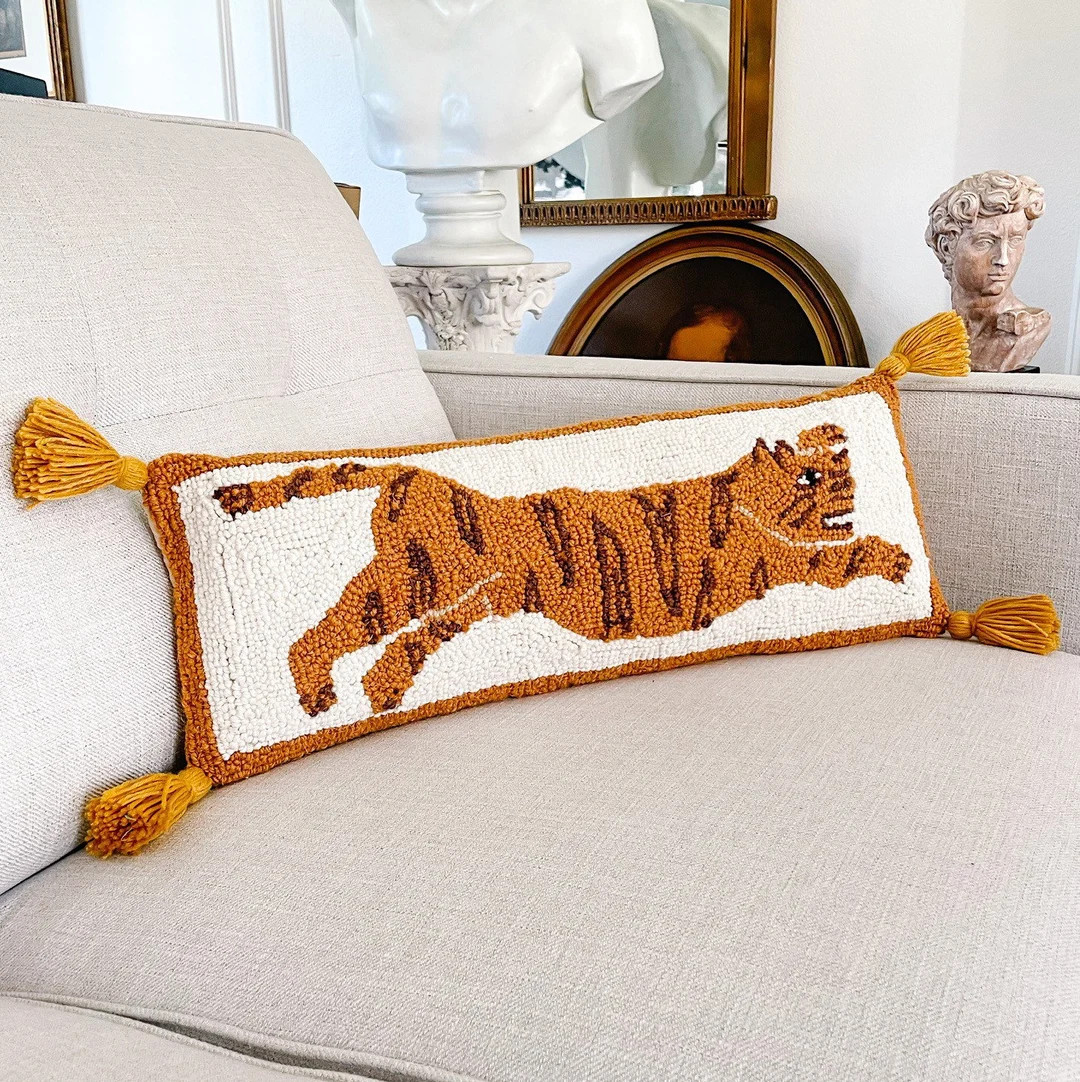 Tiger Throw Pillow, Wool Hooked Boho, Animal Print Throw Pillow, Decorative Long Pillows, Hook Pi... | Etsy (US)