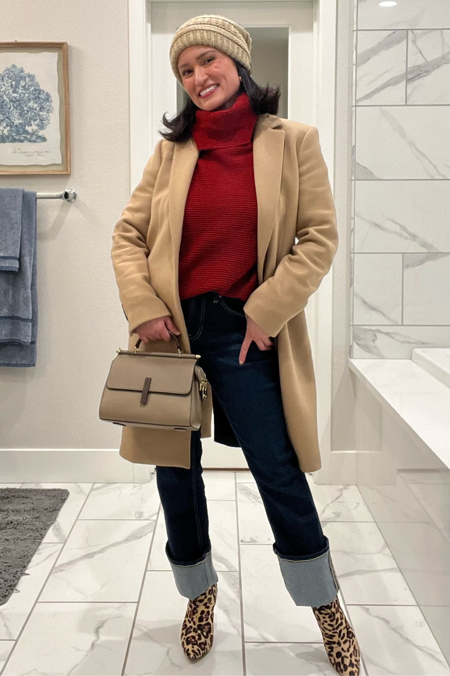 I don’t know about you guys but this rainy gloomy weather really affects has me feeling blue. Nothing like a cute outfit to brighten up my mood! This red sweater adds a nice pop of color to offset such a grey gloomy day. I am 5’2”, 118, 36C, 29 waist and 38 hip. I wear a medium or size 6 in most clothing. The coat is from Zara from last year. I will post something similar for you guys if your interested! BTW, I love shopping for winter items this time of year because the  most winter items are on sale around this time of year. 