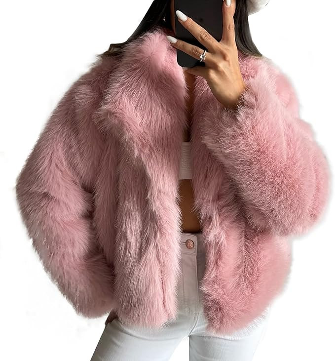 COZYPOIN Womens Faux Fur Jacket Fluffy Fur Cropped Coat Long Sleeve Open Front Fur Cape(Pink-XL) | Amazon (US)