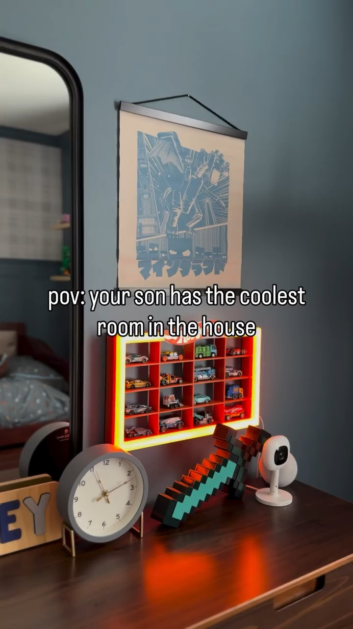 Bentley seriously has the coolest room in the house. 🏎️ 🏁 Over the weekend, we were finally able to hang up his light up hot wheels shelf and it’s one of my favorite new additions to his room. 

#ltkhome #ltkkids #homeinspiration #boysbedroom #targethotwheels
