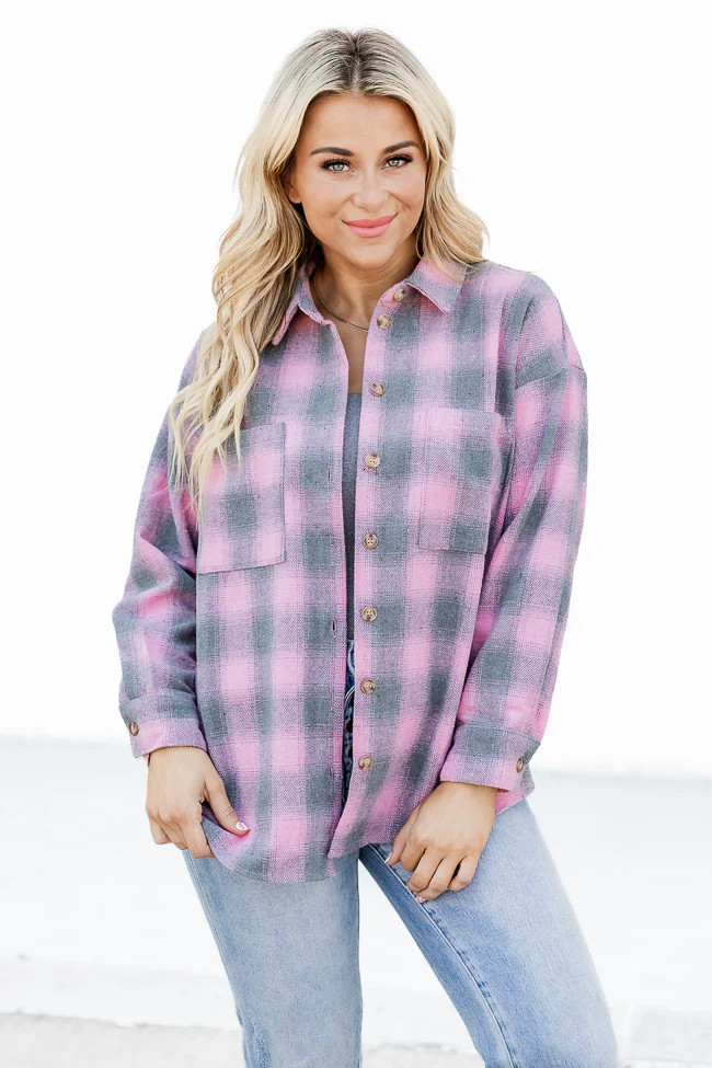 Meet You Outside Pink/Grey Plaid Shacket FINAL SALE | Pink Lily
