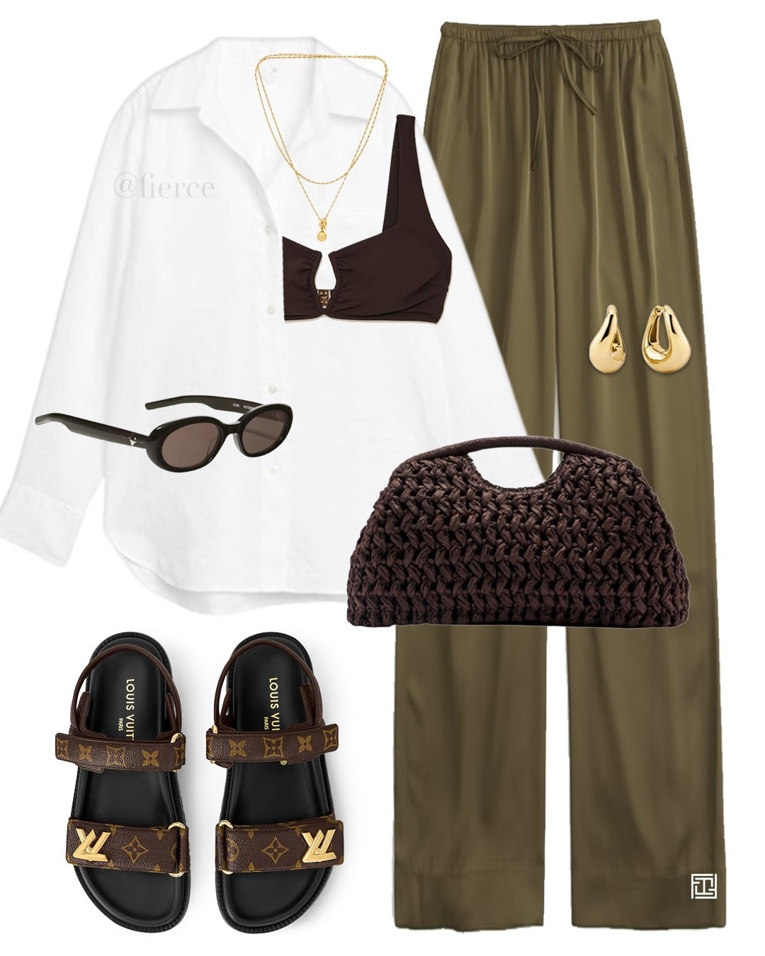 Green satin trousers chocolate brown raffia bag white linen shirt resort wear vacation 

#LTKuk #LTKtravel #LTKeurope