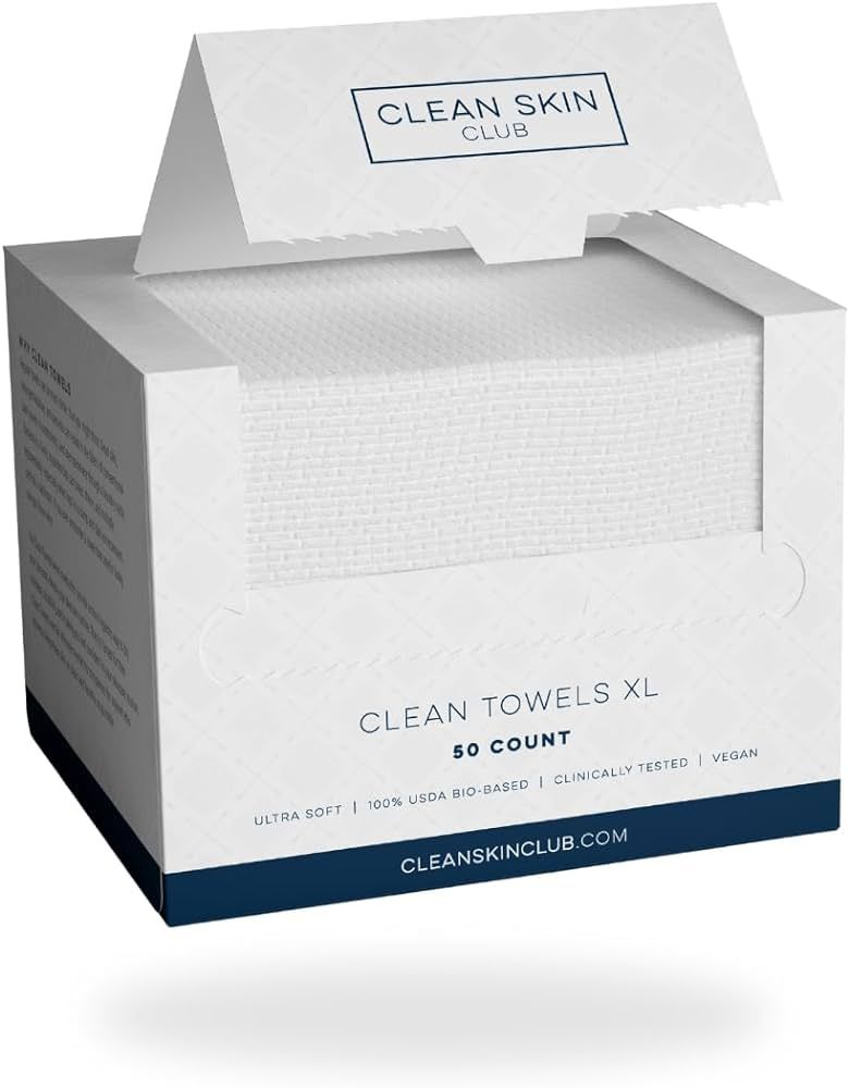 Clean Skin Club Clean Towels XL, 100% USDA Biobased Face Towel, Disposable Face Towelette, Makeup Remover Dry Wipes, Ultra Soft, 50 Ct, 1 Pack | Amazon (US)