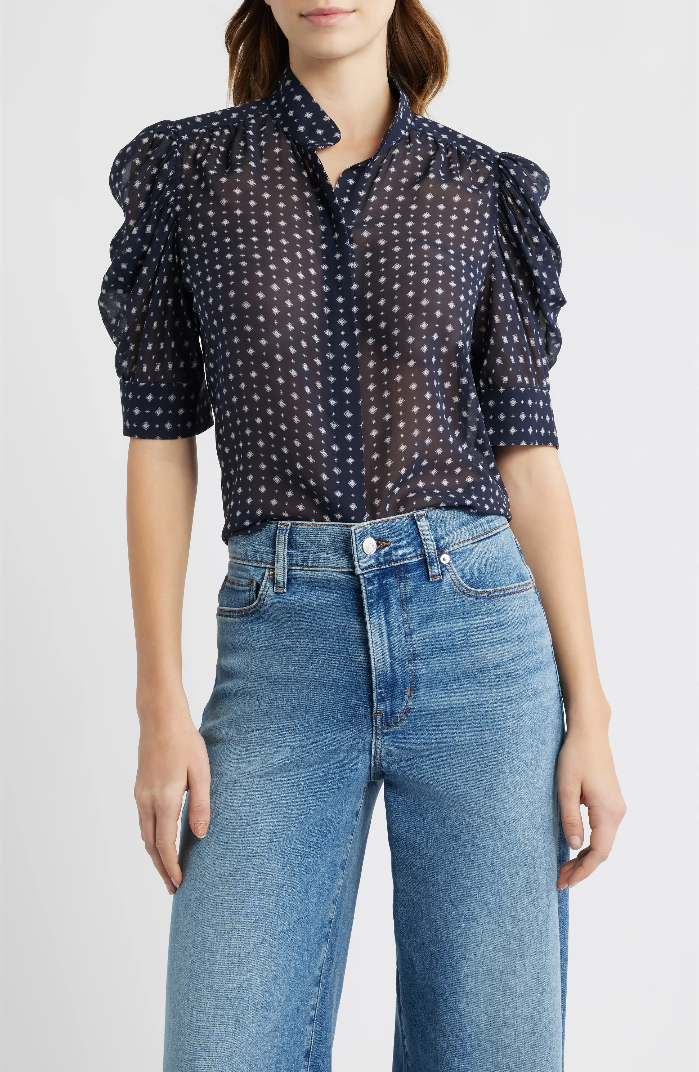 FRAME Gillian Print Silk Button-Up Shirt in Navy Multi at Nordstrom, Size X-Large | Nordstrom
