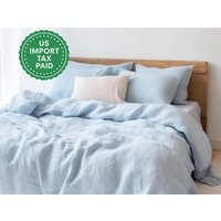 Sky Blue Melange Linen Bedding Set 1 Duvet Cover & 2 Pillowcases in Light Color Softened Hidden Buttons Coconut | Etsy (US)