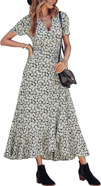 PRETTYGARDEN Women's Boho Floral Maxi Dress Summer Short Sleeve Wrap V Neck Long Flowy Beach Vaca... | Amazon (US)