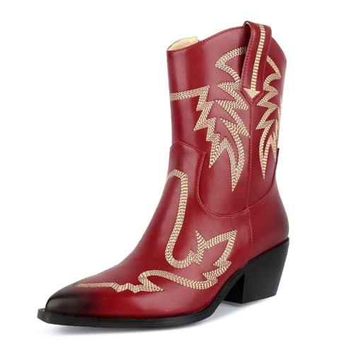 wetkiss Red Cowboy Boots for Women Red Cowgirl boots Cowboy Cowgirl Boots for Women Chunky Heel Boots | Amazon (US)