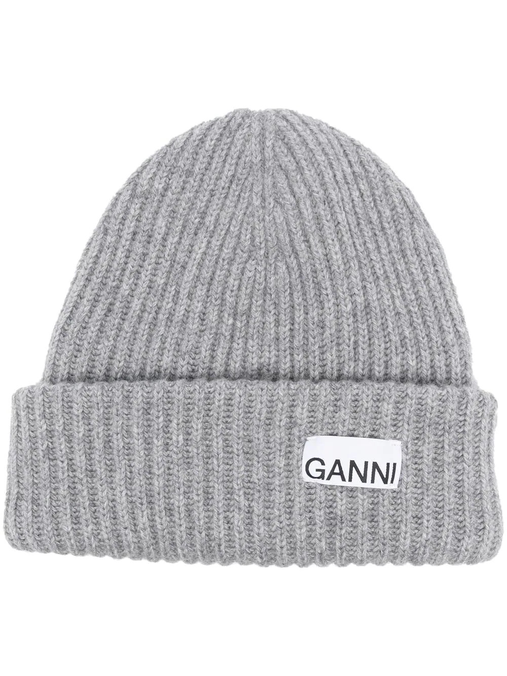 GANNI logo-patch rib-knit beanie - Grey | Farfetch Global