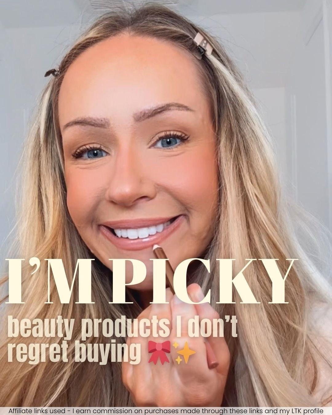 Picky girl beauty favorites! 🎀 Shade names below!⬇️
-Clip in hair extensions: “16/22 light blonde highlighted golden blonde” in 18” length, I use 2 packs for extra volume ✨
-Lip liner: “Pillow Talk”
-Lip stick: “Angel”
-Lip gloss: “Rosebud”
-Foundation: “BD31”
-Setting powder: “20”
-Blush: “Just Enough”
-Nail polish: “Fairy Tailor"
