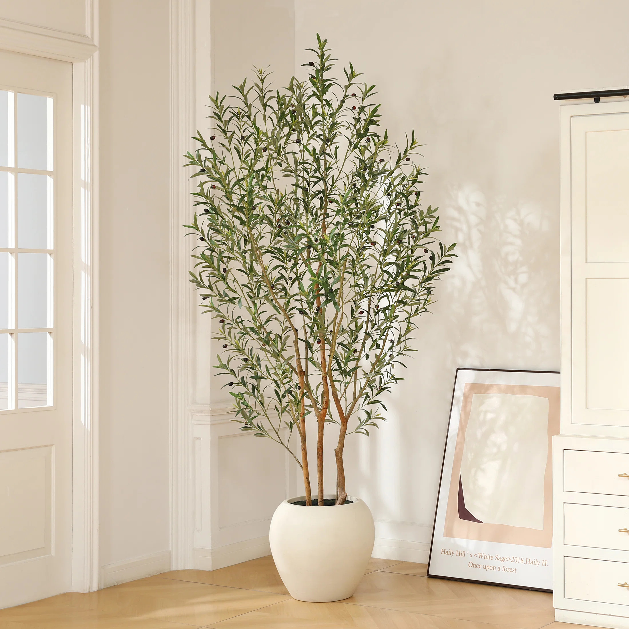 Adcock 8ft Artificial Olive Tree with White Tall Planter, Faux Olive Tree with Natural Trunk | Joss & Main