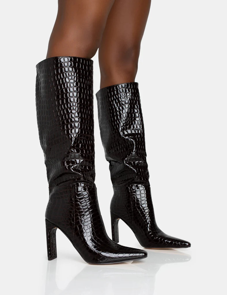 Undone Brown Patent Croc Knee High Zip Up Thin Block Heeled Boots | Public Desire (US & CA)