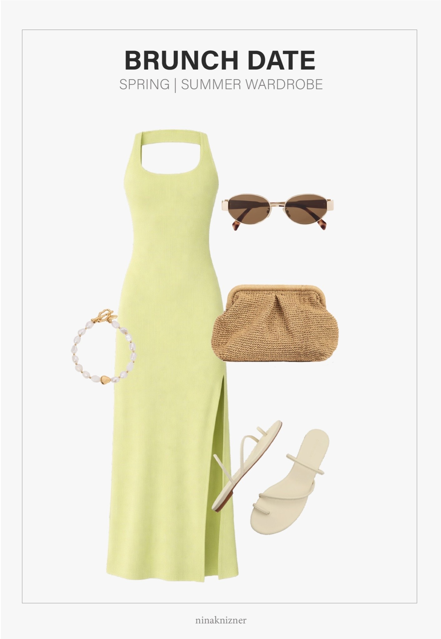 Bright, fun, and elegant brunch date outfit for sunny days. This London dress is very low on stock. The color is gorgeous, I got this honeydew color last summer. Got so many compliments on it. It’s not a neon, but a very beautiful brighter pastel. Looks gorgeous on tan skin. 

Wear this dress for relaxed occasions like a brunch with the girls. Great for Southern California vibes. Can also easily style it for a Mediterranean vacation. Can totally envision it along the Mediterranean on islands like Milos, Paros, Mallorca, Sardinia, etc…

To dress it up, pair with golden strappy or slip on heels, and matching clutch.

- L*space - London Midi Dress in Honeydew
- Celine -  Triomphe 54mm Oval Sunglasses in Shiny Rose Gold/Brown
- Etsy - Summer Pouch Bag in Modern Natural Wicker
- Ettika - Freshwater Pearl Bracelet in Gold
- Reformation - Ludo Toe Ring Strappy Flat Sandals in Espresso Suede


#spring #springaccessories #summer #summeraccessories  #travelaccessories #traveloutfit destinations #beachoutfit #beachvacation #coastal #westcoast #coastalcalifornia #vacation #mediterranean #europeansummer #essentials #staples #capsulewardrobe #minimalist #ovalsunglasses #celine #brownsunglasses  #mididress #springdress #summerdress #limegreen #pasteldress #leathersandals #ivory #sandals #flats #slipons #shoes #springshoes #summershoes #travelshoes #strappysandals #straw #raffia #springbag #summerbag #vacationbag #clutch #jewelry #pearl #bracelet #dateoutfit

#LTKSeasonal #LTKootd #LTKTravel