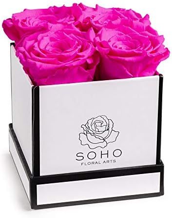 Soho Floral Arts | Roses in A Box | Real Roses Last A Year or More (White Square 4ct, Radiant Pin... | Amazon (US)