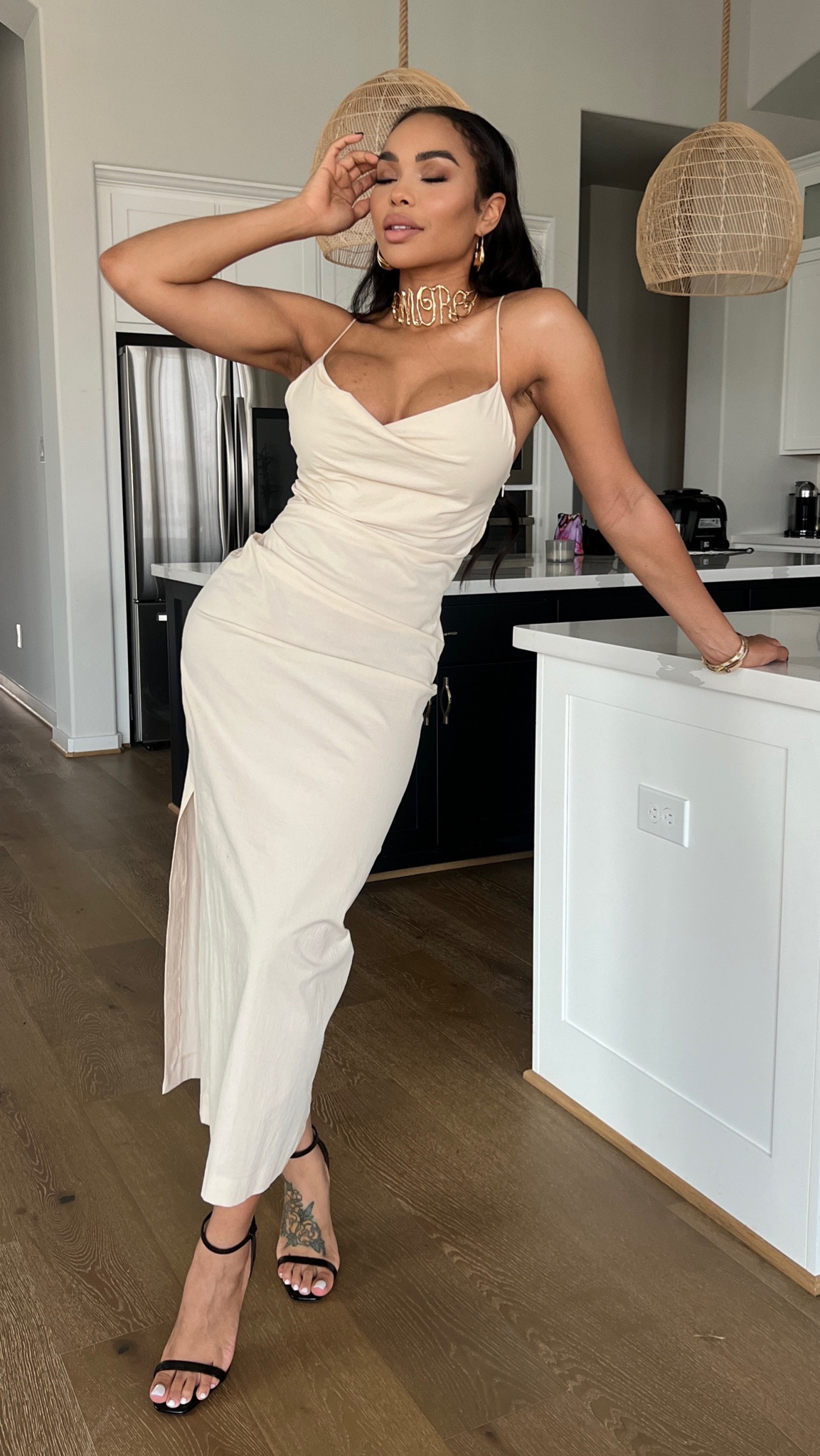 Date night inspo, white and black outfit, Zara dress, ysl heels, gold minimalist chocker necklace, cream off white dress   #LTKFind

#LTKsalealert