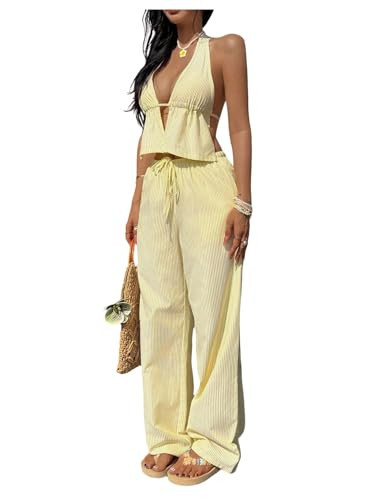 MakeMeChic Women's Summer 2 Piece Sets Backless Halter Tank Top Wide Leg Linen Pants Set Vacation Outfits Striped Yellow Large | Amazon (US)