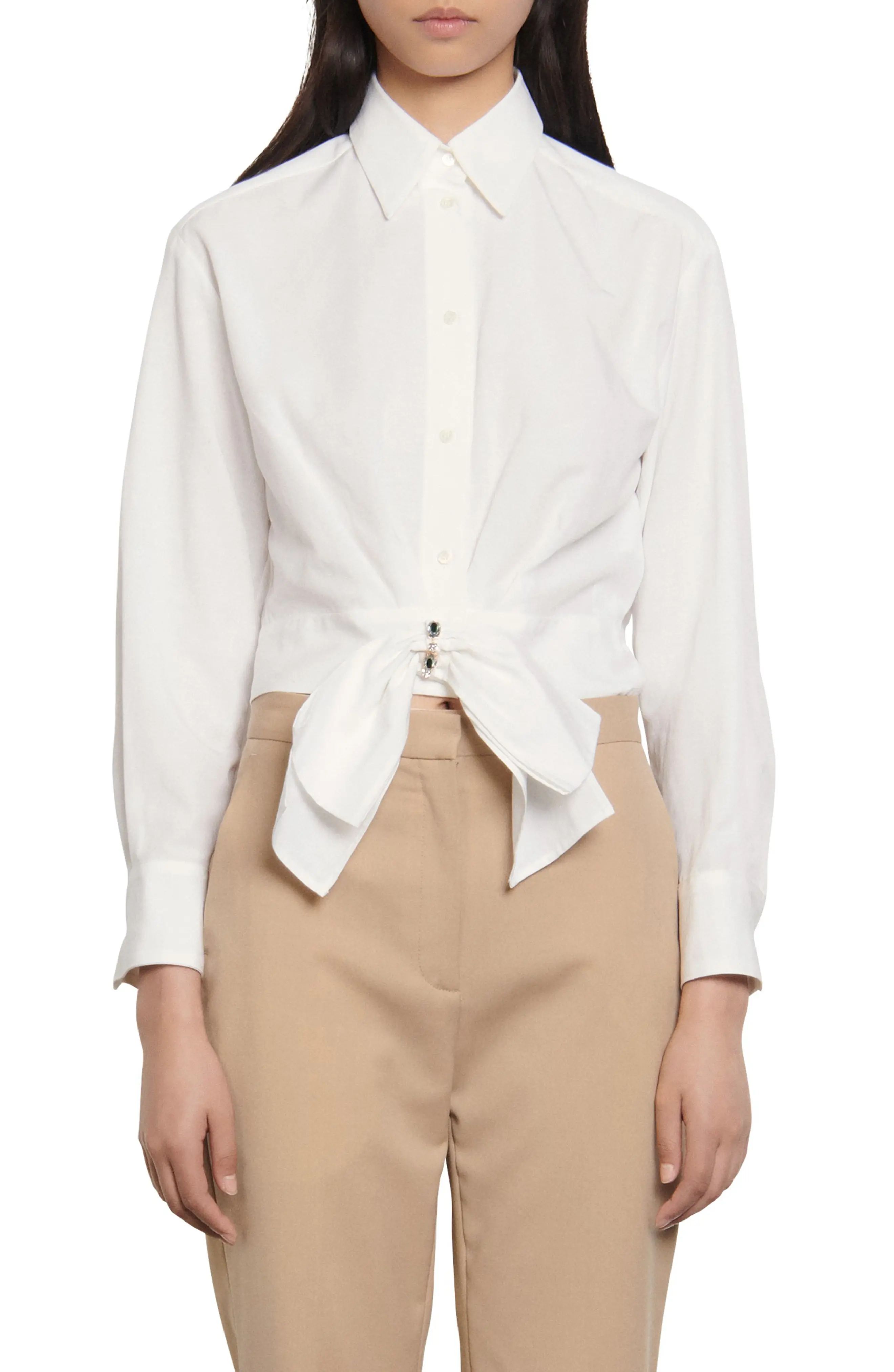 Women's Sandro Crop Shirt With Removable Bow, Size 0 - White | Nordstrom