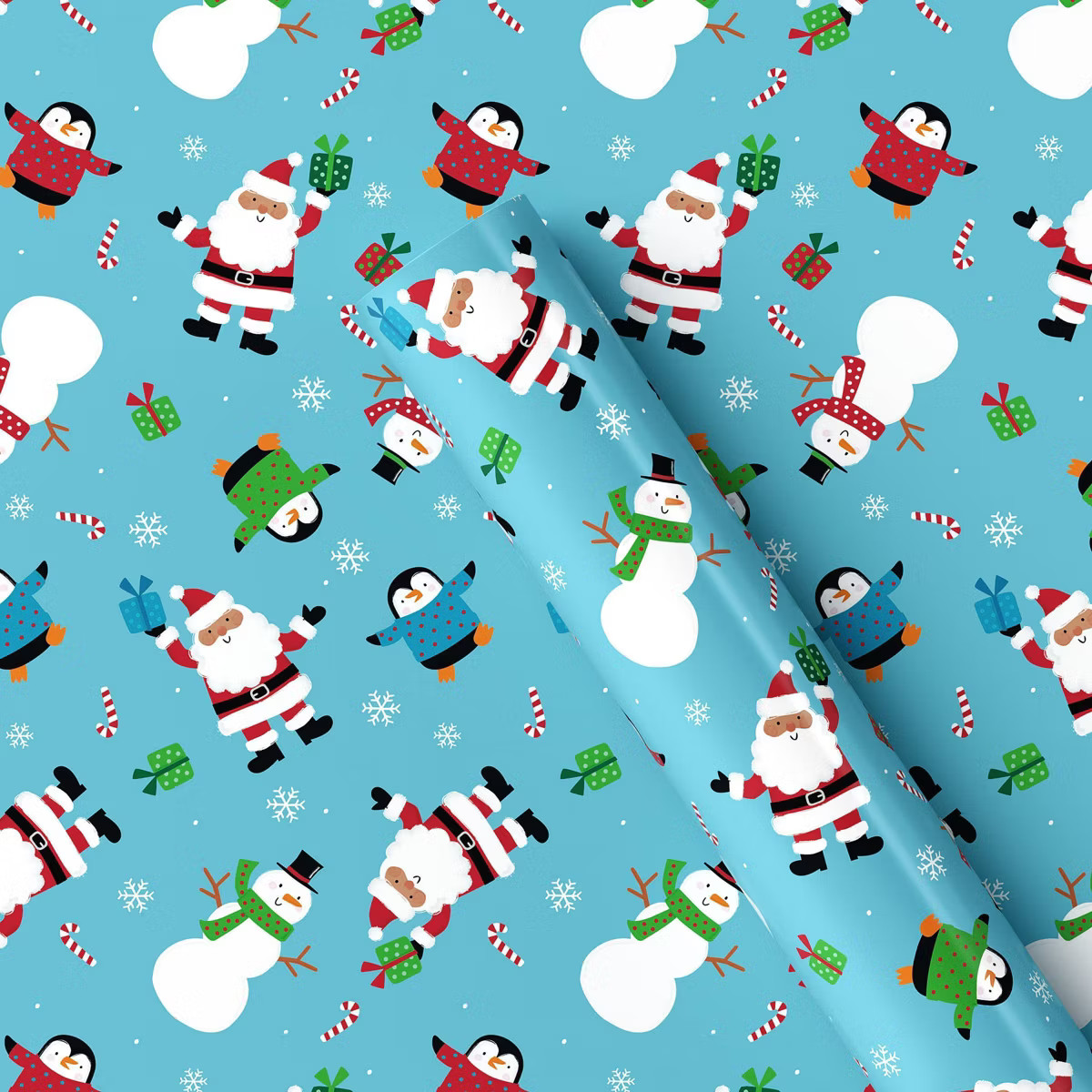 220 sq ft Santa and Friends Christmas Gift Wrap Light Blue - Wondershop™: Penguin Figures, Prin... | Target