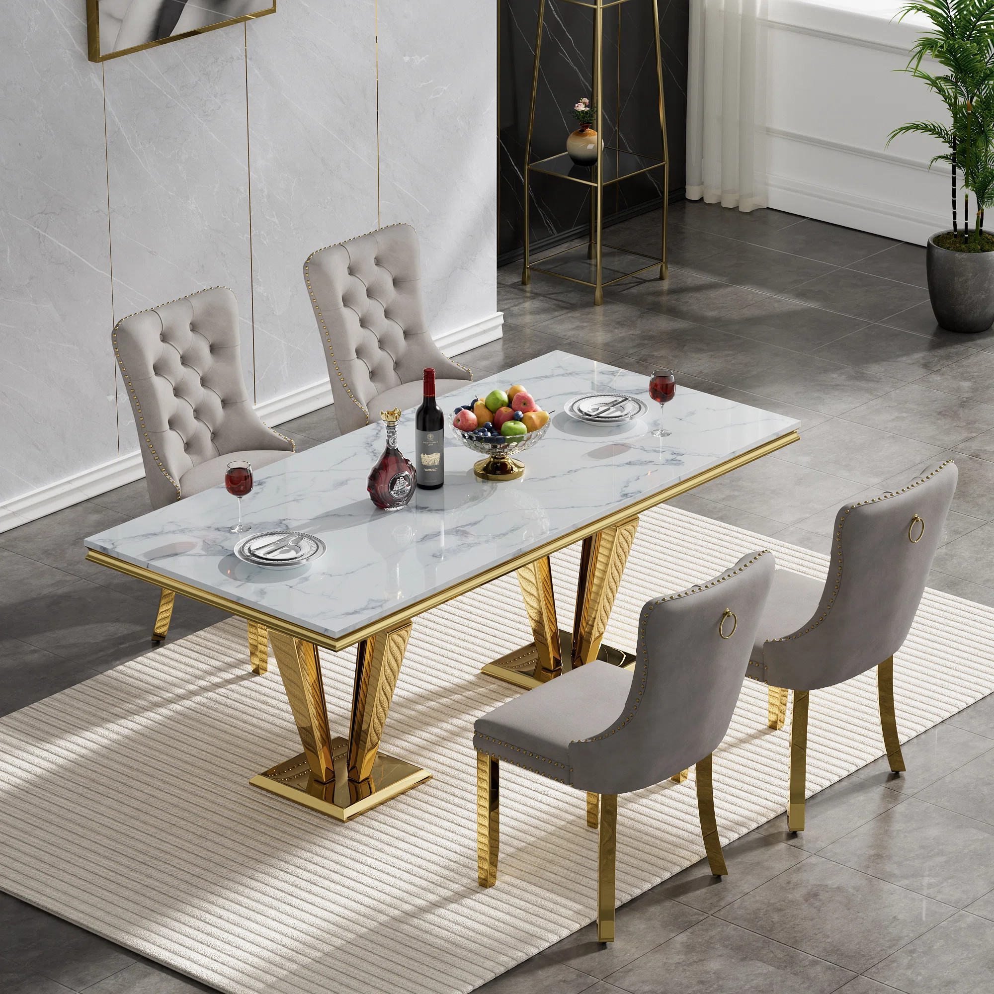Rectangle Dining Table Set, Faux Marble Dining Table & Velvet Chairs with Stainless Steel Pedesta... | Wayfair North America