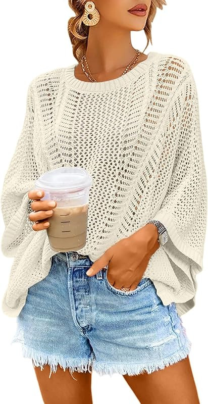 Jollycode Women's Crochet Tops Batwing Sleeve Crewneck Knit Cover Ups Hollow Out Oversized Pullover  | Amazon (US)