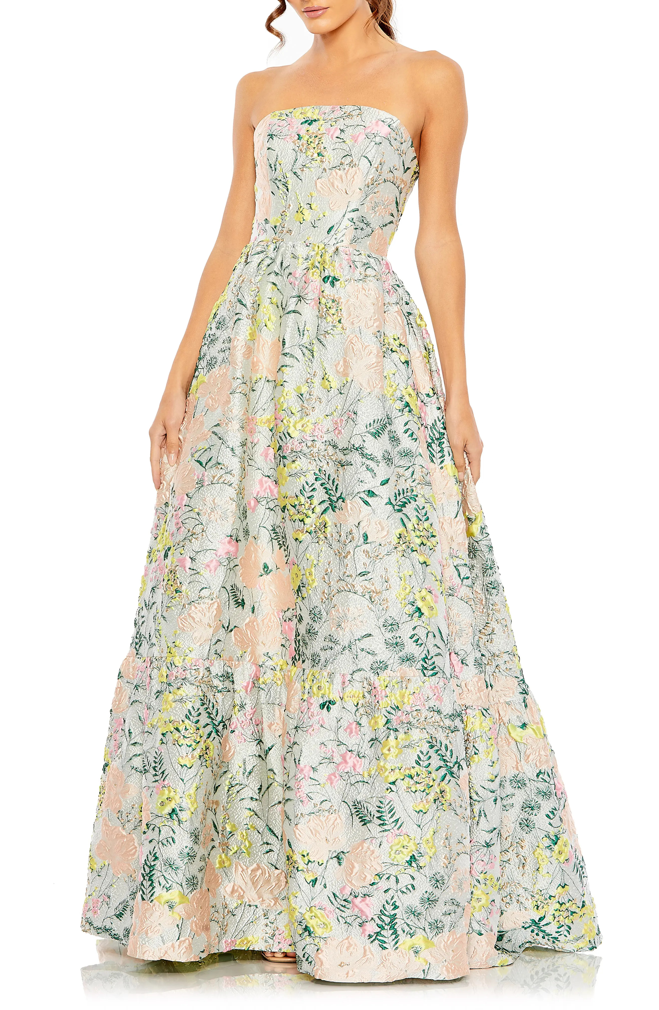 Mac Duggal Floral Brocade Strapless A Line Gown in Pastel Multi at Nordstrom, Size 16 | Nordstrom
