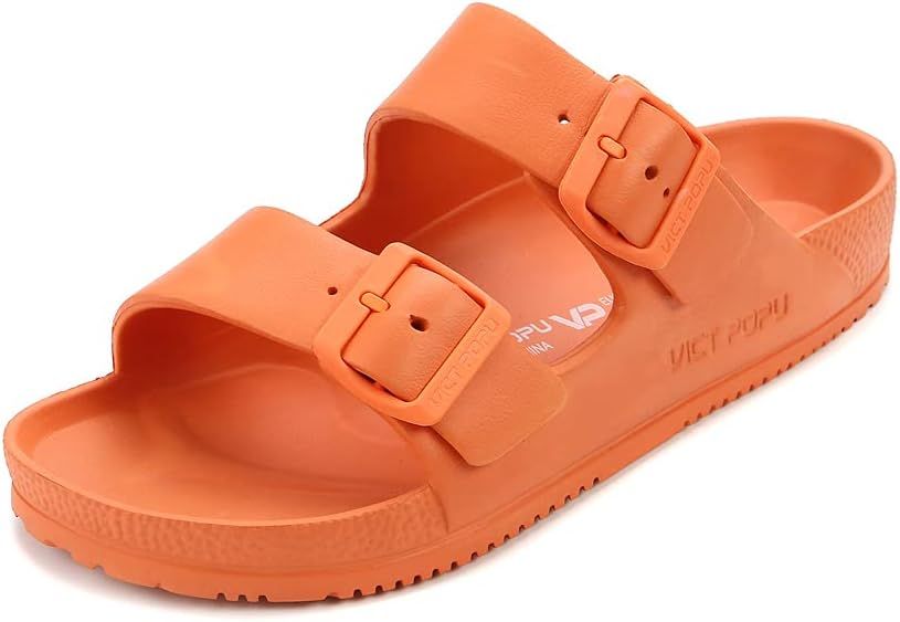 VICT POPU Womens Sandals Adjustable Double Buckle Strap Waterproof EVA Flat Slides | Amazon (US)