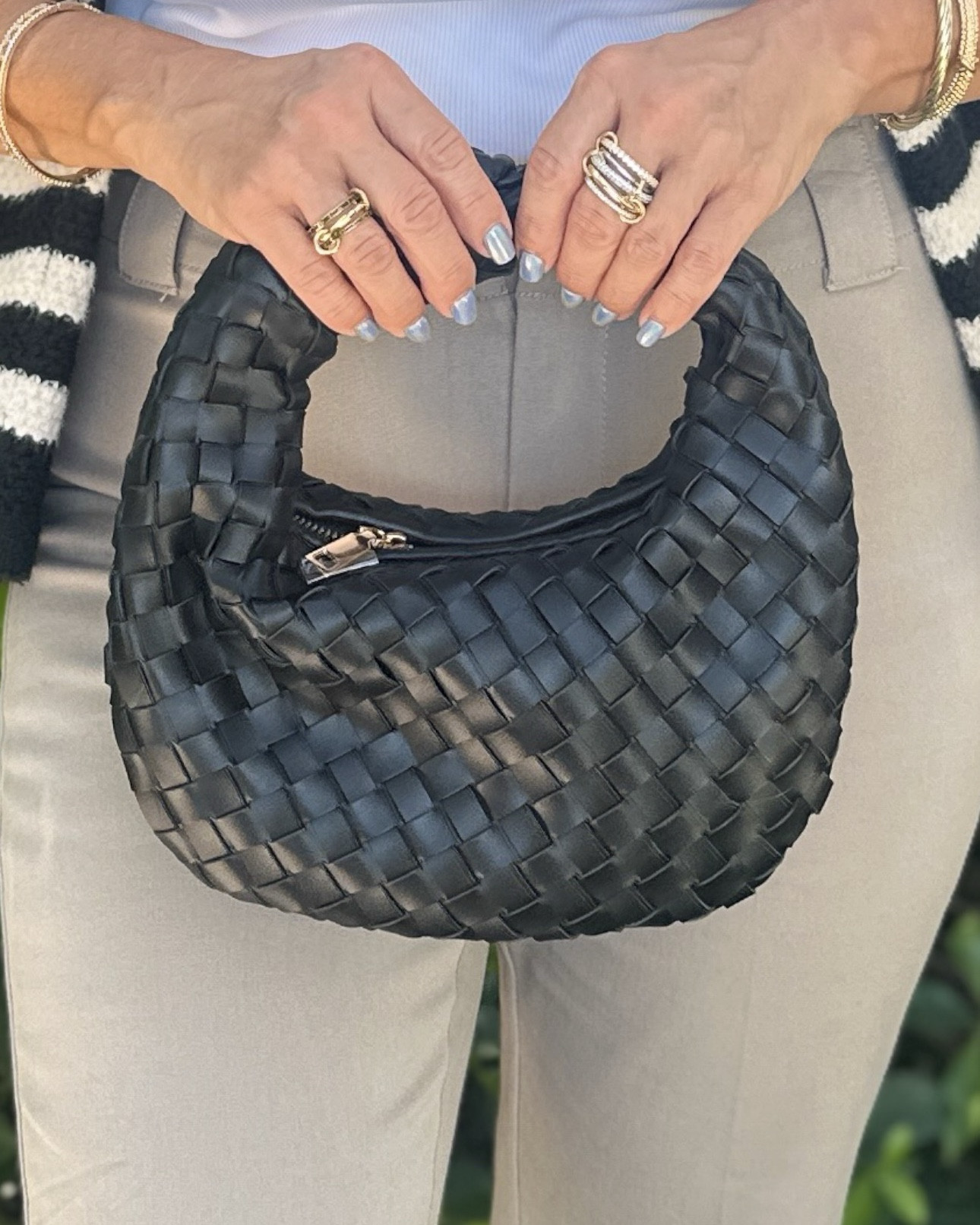 Basics to add to your wardrobe that will make getting dressed easy. A plain black or/and white tank top, a sweater to throw over your shoulders to elevate any outfit and add class, and a statement bag. Instantly upgrade your outfit with statement accessories! Wearing a size 10 in pants and medium in tank. 

#LTKStyleTip #LTKMidsize #LTKPetite