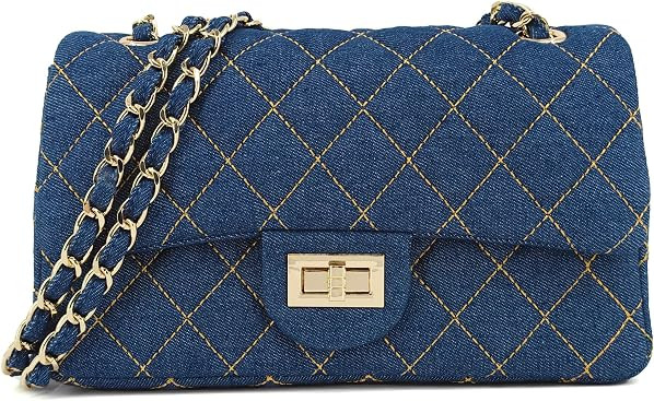 M-ioi-M Vintage Quilted Denim Flap Shoulder Bag with Chain Strap for Women     Vintage quilted de... | Amazon (US)