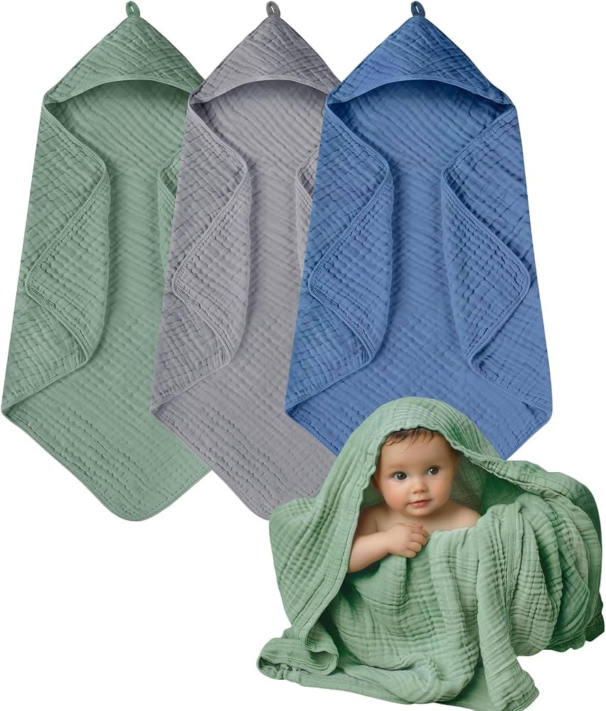Muslin Hooded Towels, 3 Pack Cotton Bath Towels With Hood for Newborn, Infant, Toddler - Soft and... | Amazon (US)