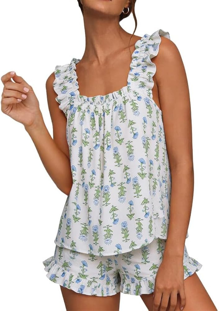 Marvmys Womens Pajamas Set 2 Piece Ruffle Bridal Cute Pajamas Sexy Tank Top and Shorts Bride Slee... | Amazon (US)