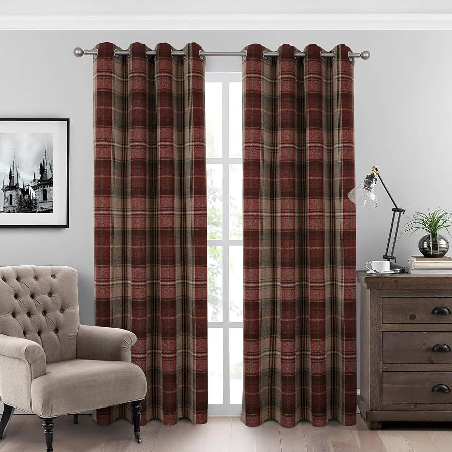 always4u 100% Blackout Woolen Look Plaid Curtains Modern Window Panels Checkered Tartan Curtains ... | Amazon (US)