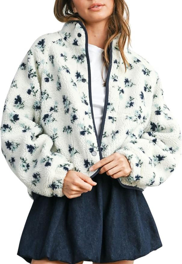Womens Floral Print Fluffy Fleece Jacket Snap Button Winter Teddy Fleece Jacket Casual Faux Fur O... | Amazon (US)