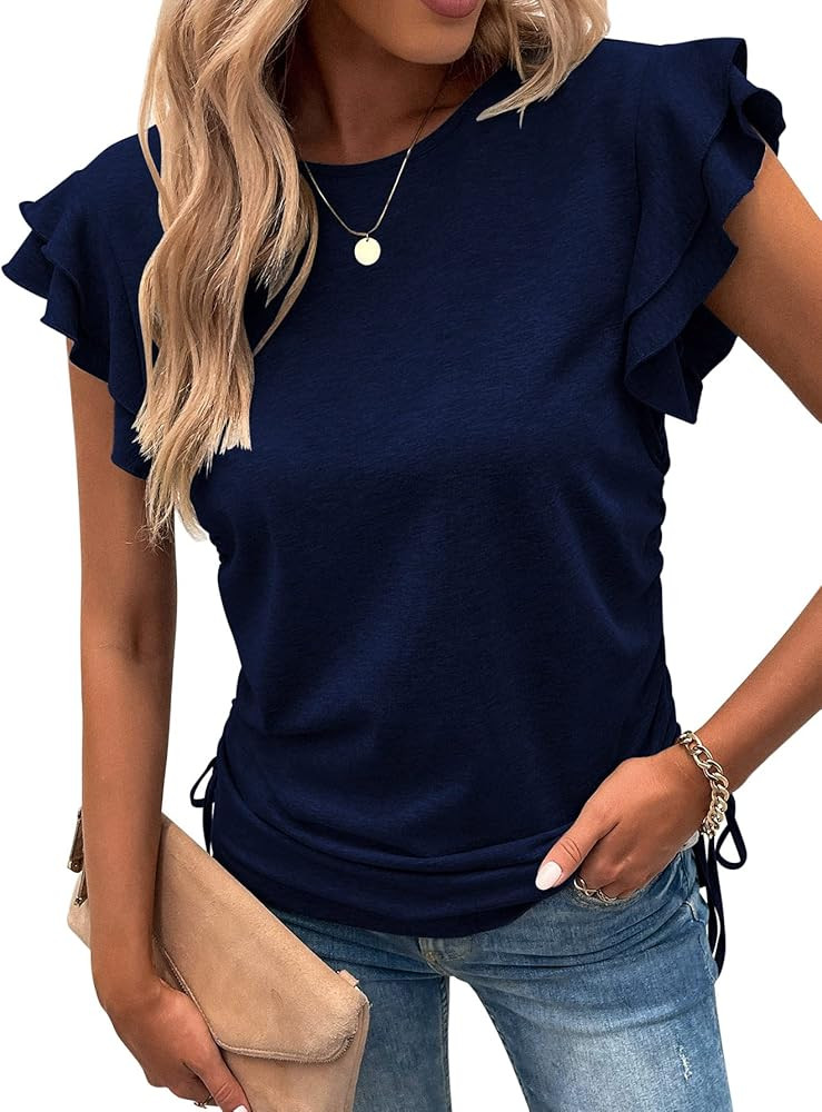 EADINVE Womens T Shirts Pleated Loose Fit Crew Neck Ruffle Sleeve Side Tie Drawstring Tunic Summe... | Amazon (US)