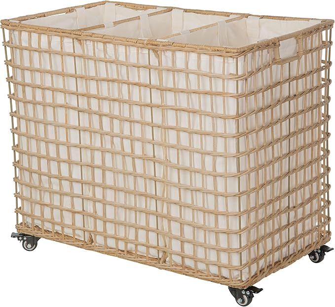 KOUBOO 3-Section Wicker Laundry Sorter Basket on Wheels - Rolling Hamper Laundry Organizer, Light... | Amazon (US)