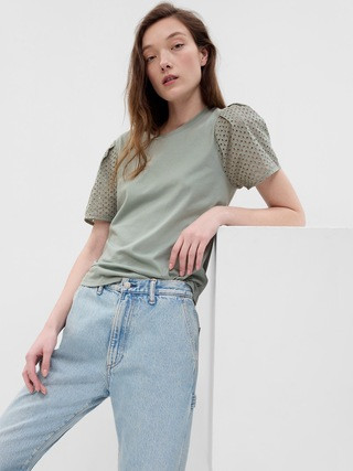 100% Organic Cotton Vintage Eyelet Puff Sleeve T-Shirt | Gap (CA)