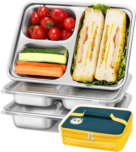 KTKUDY 3 Pack Stainless Steel Snack & Lunch Containers with Plastic Lids - Meal Prep Containers 3 Compartments - Metal Bento Lunch Boxes for Kids & Adults - Not 100% Leakproof - Toddler & Kids Plates | Amazon (US)