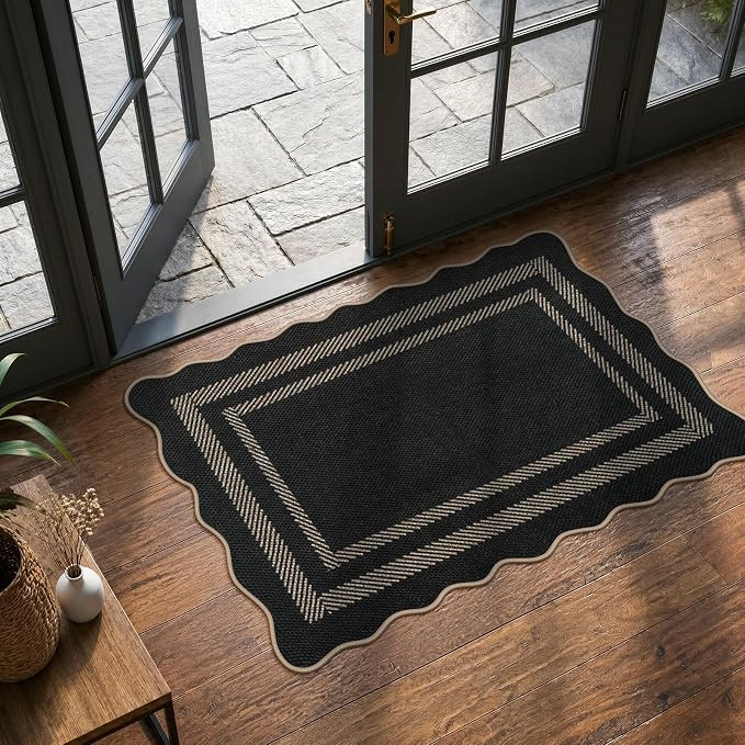LIVEBOX Scalloped Easy Jute 2x3 Kitchen Rug, Black Front Door Mat Small Indoor Outdoor Rug for En... | Amazon (US)