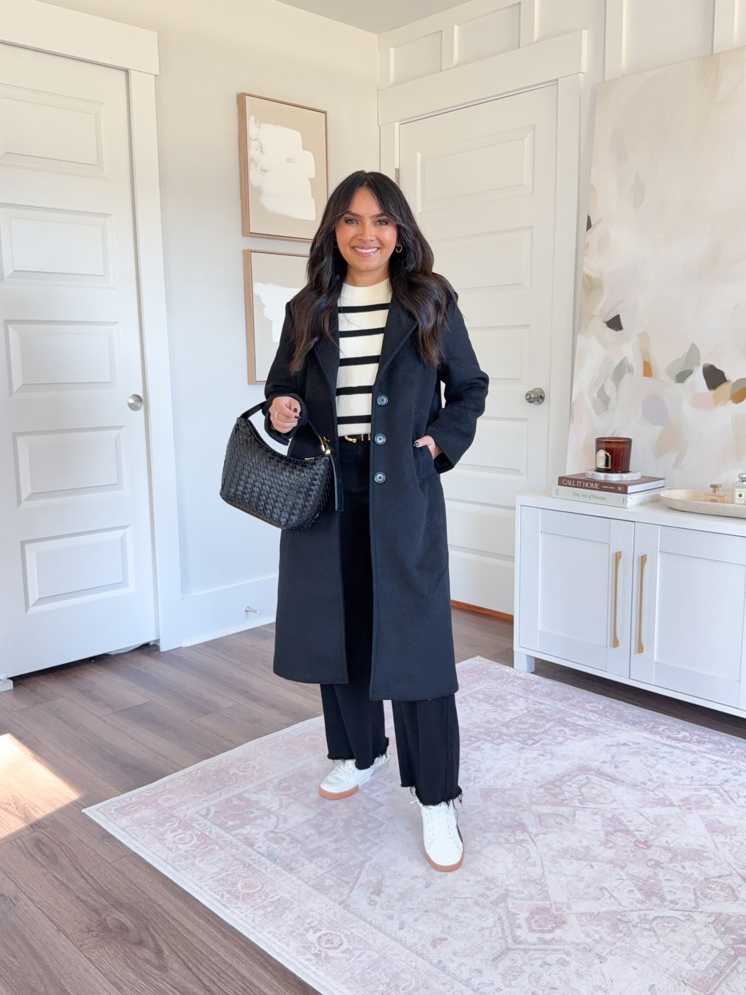 Black coat size xs petite TTS
Striped sweater - old, similar linked
Black jeans size small TTS, 27” inseam - these do unravel slightly at the hem in the wash when washing plus they have a raw hem so you can cut them shorter if needed
White and black sneakers size 5 TTS


#LTKStyleTip #LTKPetite #LTKSaleAlert