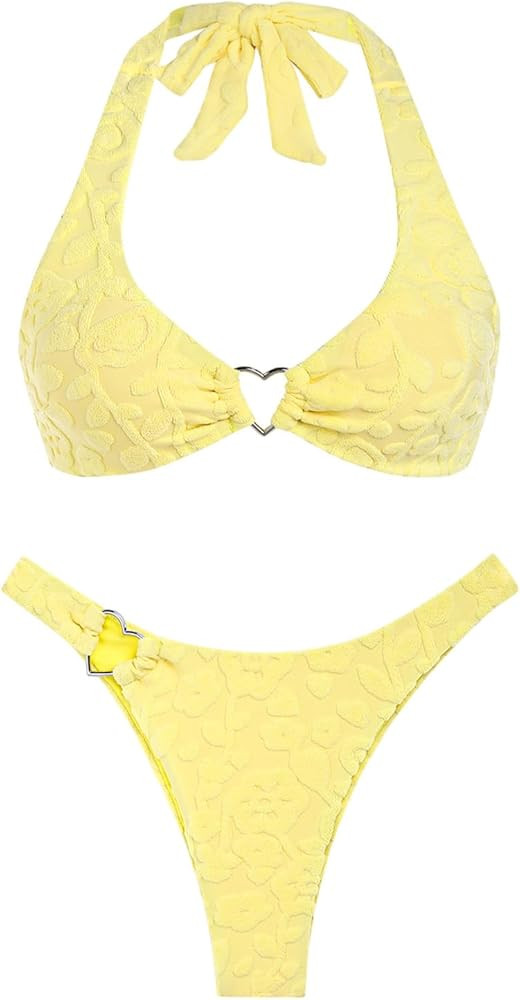 seamoly Floral Terry Cloth Jacquard Heart-Shaped Ring Decor Halter Cheeky Bikini Set | Amazon (US)