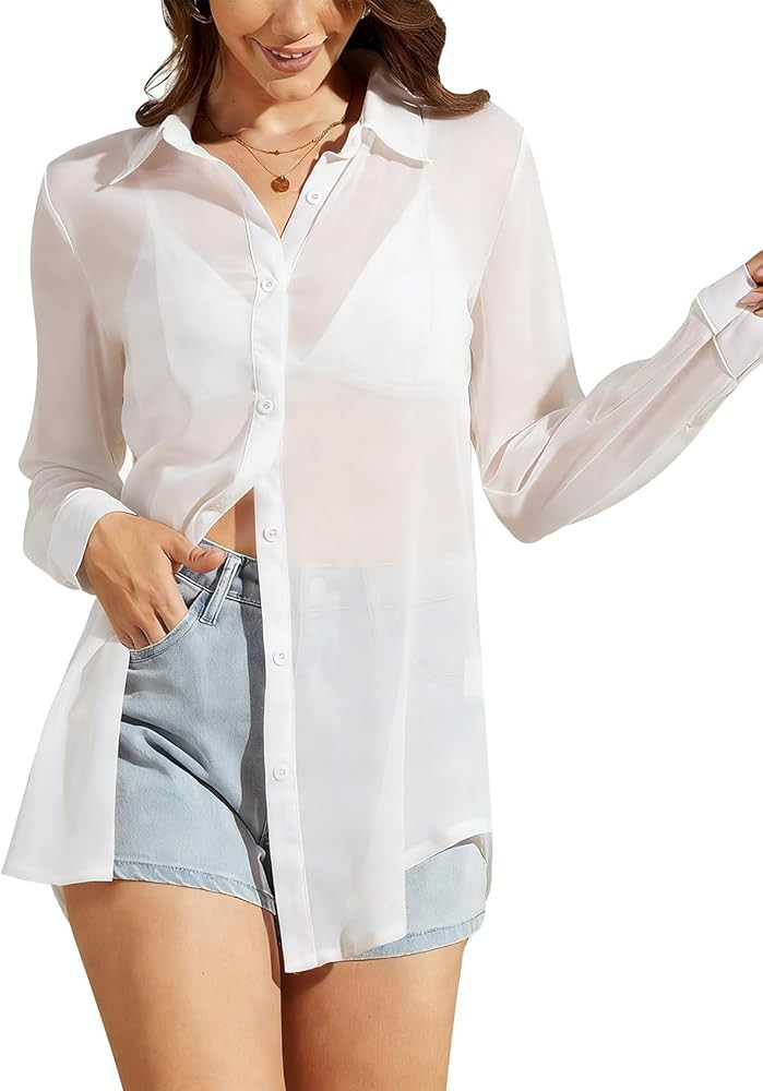Gihuo Women Sheer Button Up Blouse Mesh Long Sleeve See Through Tops Sexy Mesh Shirts | Amazon (US)