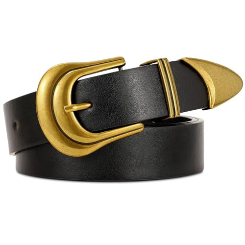 JASGOOD Women's Western Belt Vintage Black Leather Waist Belt for Pants Jeans with Retro Gold Buckle,Black(Gold buckle tail) | Amazon (US)