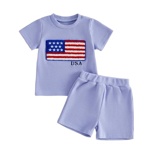 Amazon.com: Karuedoo Toddler Baby Boy 4th of July Outfit American Flag Embroidery Waffle Knit Sho... | Amazon (US)