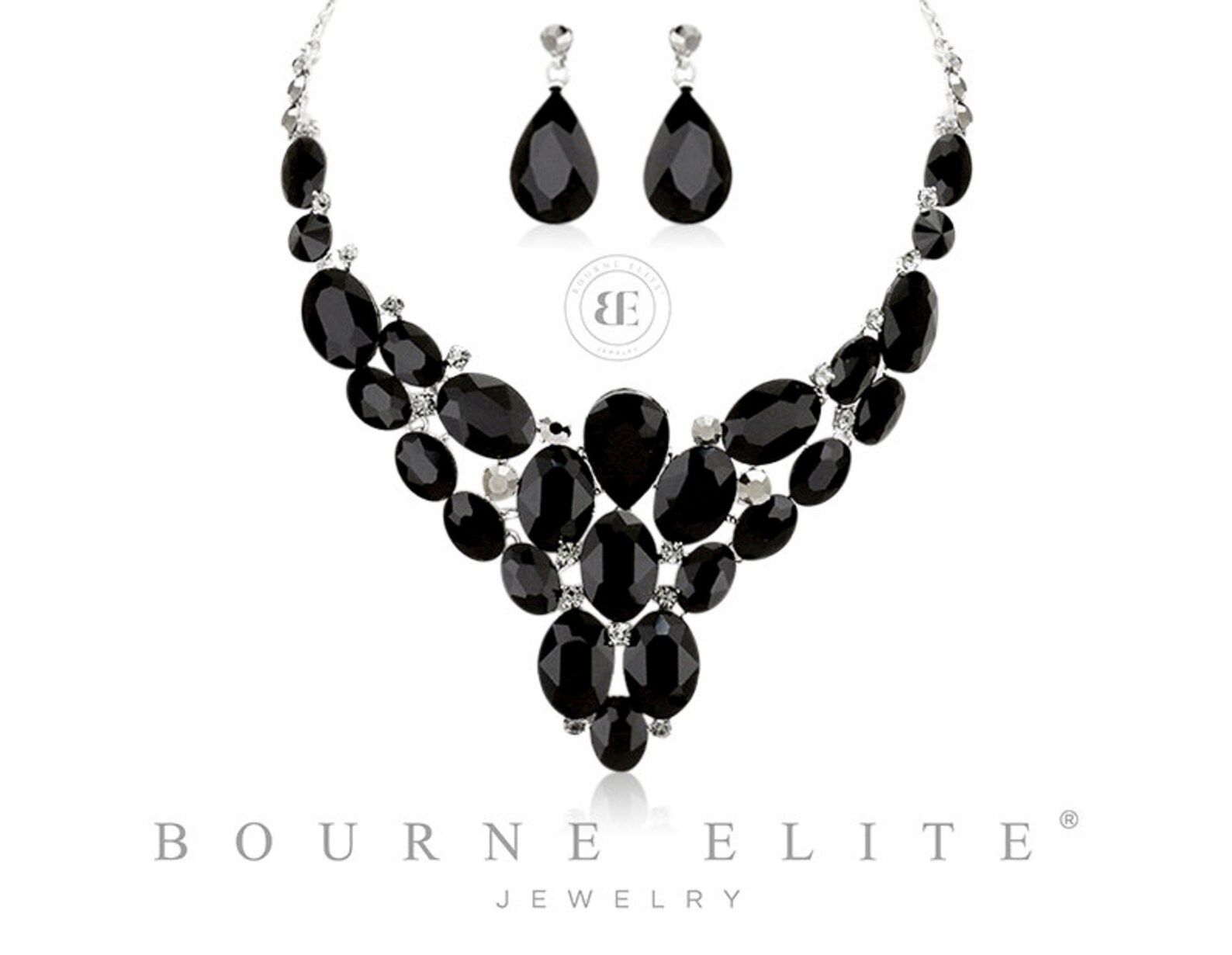 Black/Silver Oval Cluster Necklace Set | Bridal Necklace | Black Pageant Necklace | Black Prom Ne... | Etsy (US)