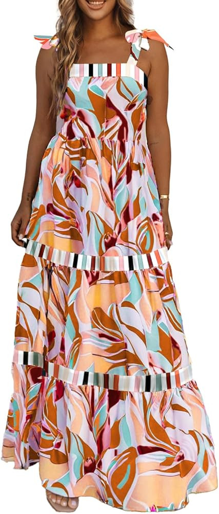 AlvaQ Women's 2025 Summer Sleeveless Floral Print Maxi Dress Strap Square Neck Beach Sun Dress | Amazon (US)