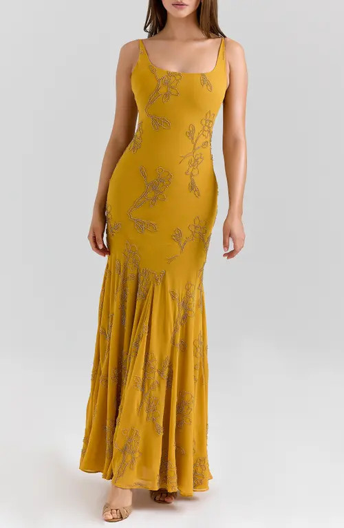 HOUSE OF CB Rosalia Beaded Georgette Gown in Gold at Nordstrom, Size X-Large | Nordstrom