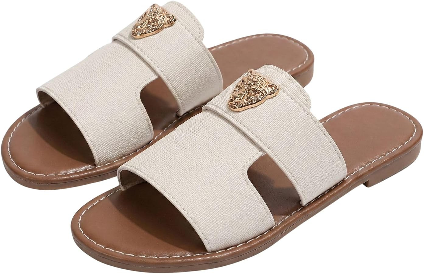 Womens Sandals Leather H Strap Gold Jaguar Head Embellishment Luxury Chic Elegant Beach Vacation ... | Amazon (US)