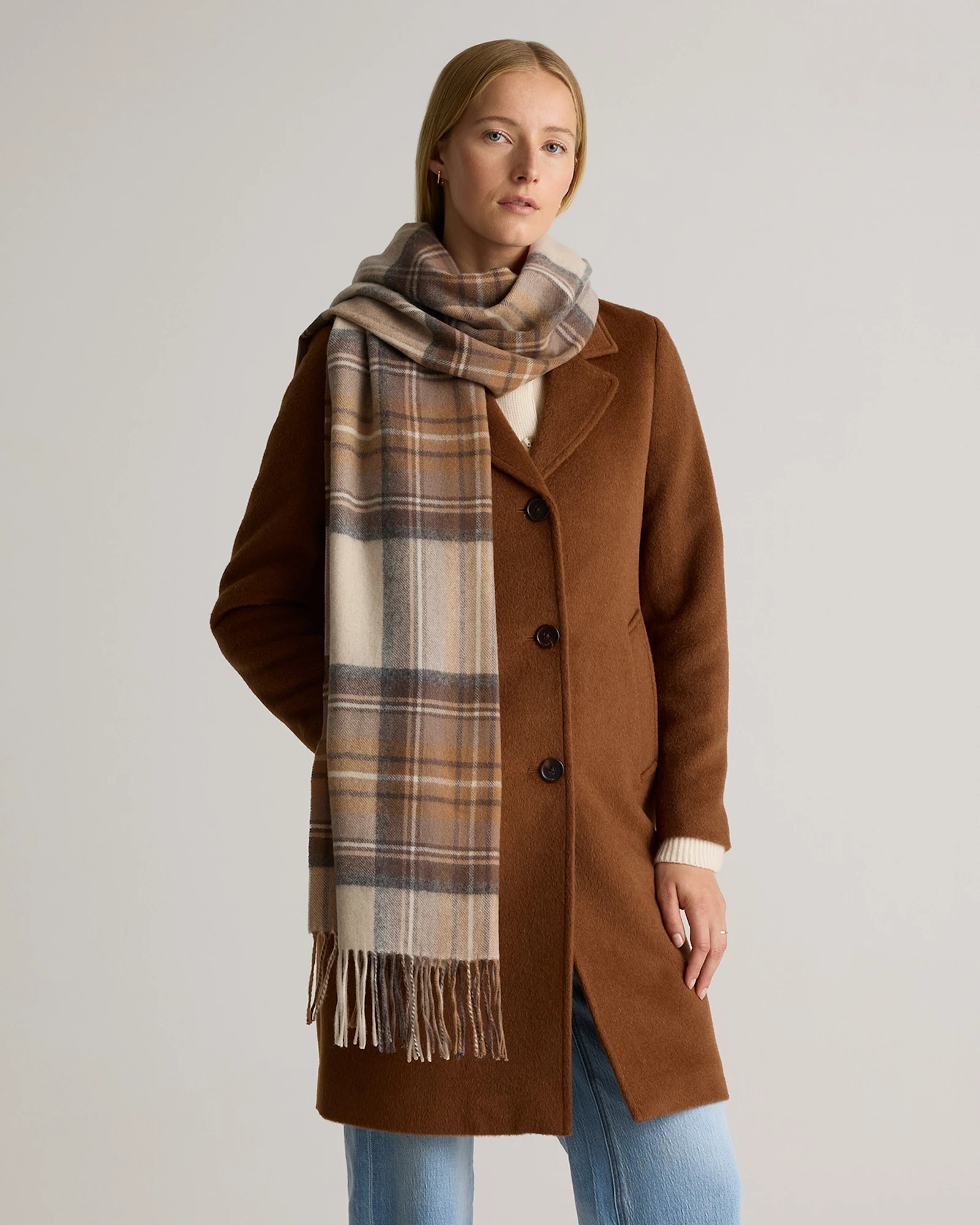 Quince | Women's Mongolian Cashmere Tartan Scarf in Neutral Tartan | Quince